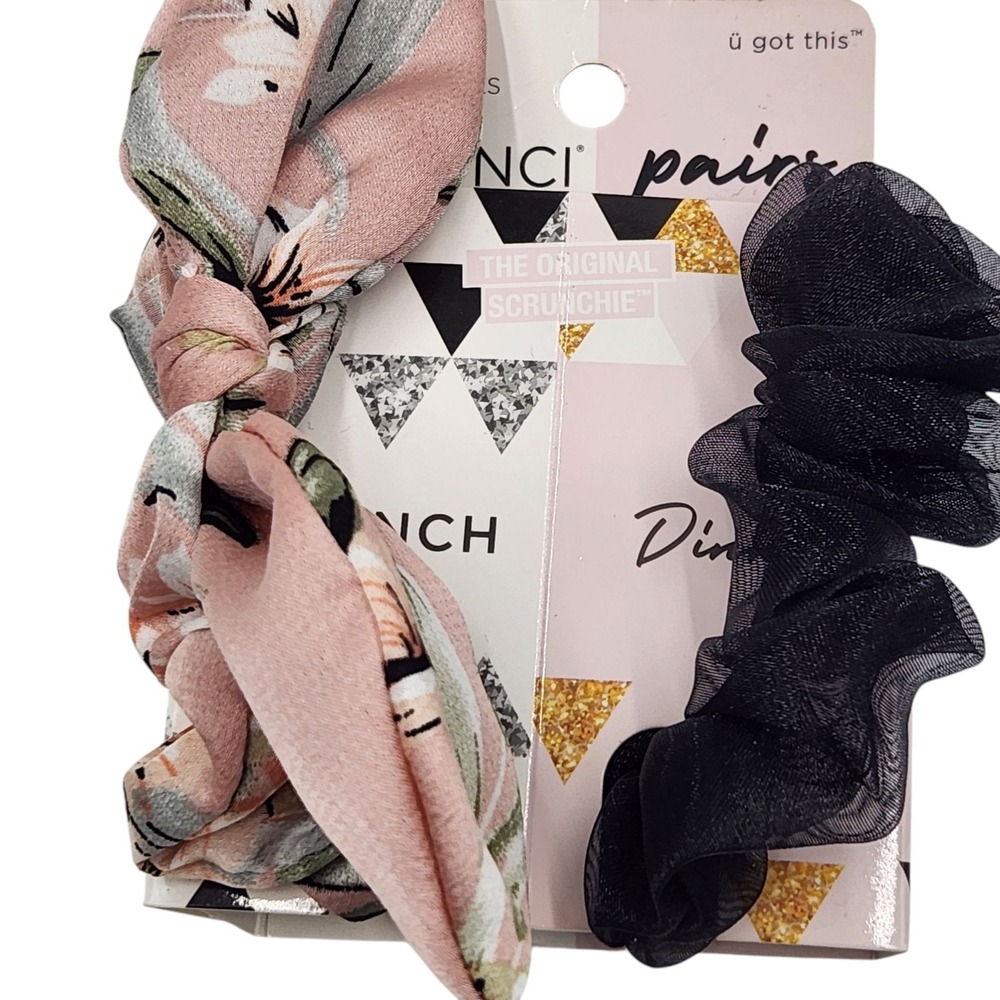 2X Scunci Pairs Scrunchies Brunch and Dinner 2 Pcs Each Set Floral Black Design - Picture 4 of 7